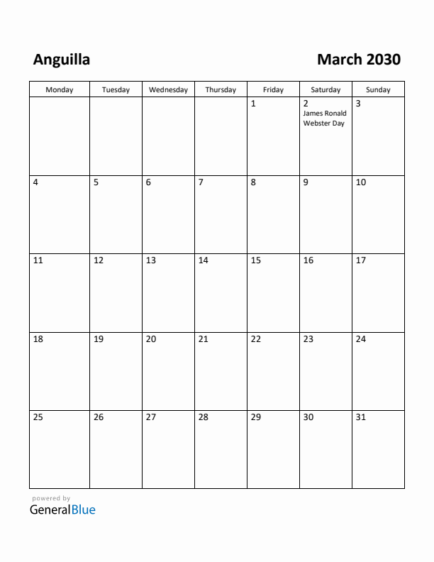 March 2030 Calendar with Anguilla Holidays