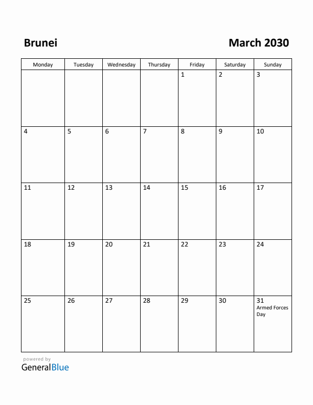 March 2030 Calendar with Brunei Holidays