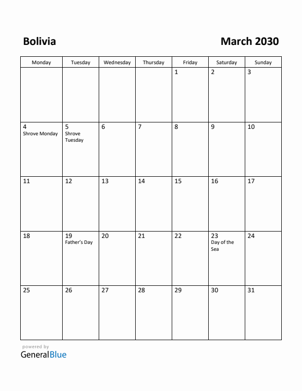 March 2030 Calendar with Bolivia Holidays