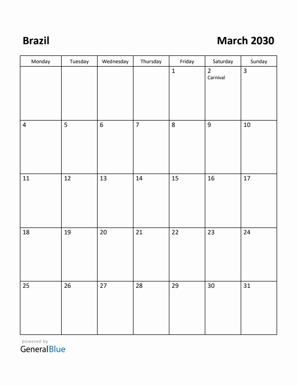 March 2030 Calendar with Brazil Holidays