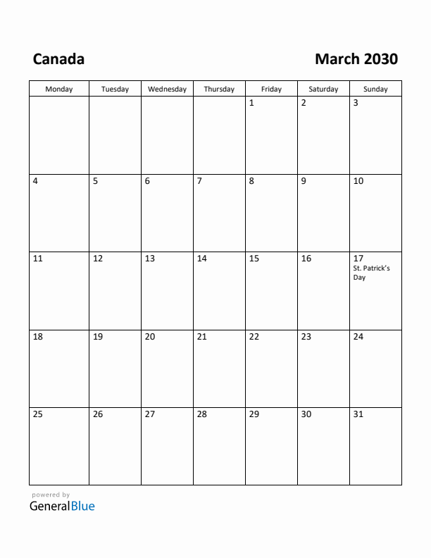 March 2030 Calendar with Canada Holidays