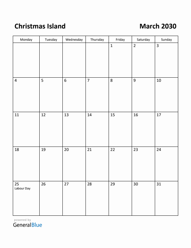 March 2030 Calendar with Christmas Island Holidays