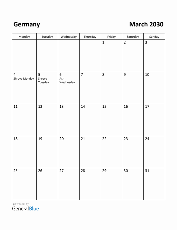 March 2030 Calendar with Germany Holidays