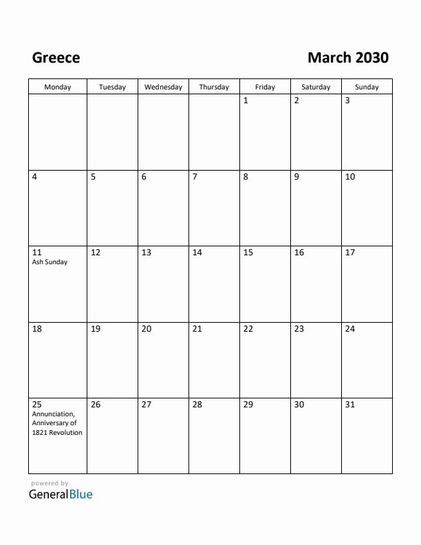 March 2030 Calendar with Greece Holidays