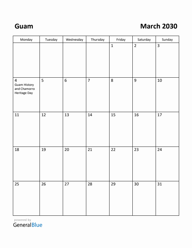 March 2030 Calendar with Guam Holidays