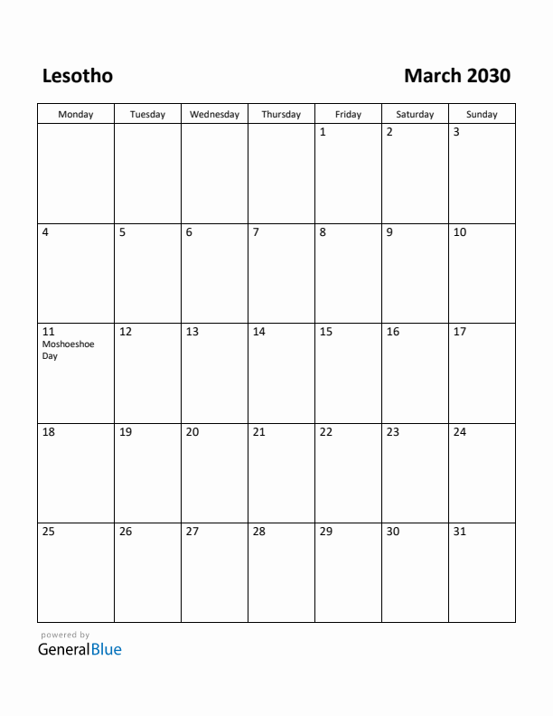 March 2030 Calendar with Lesotho Holidays