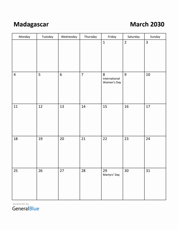 March 2030 Calendar with Madagascar Holidays