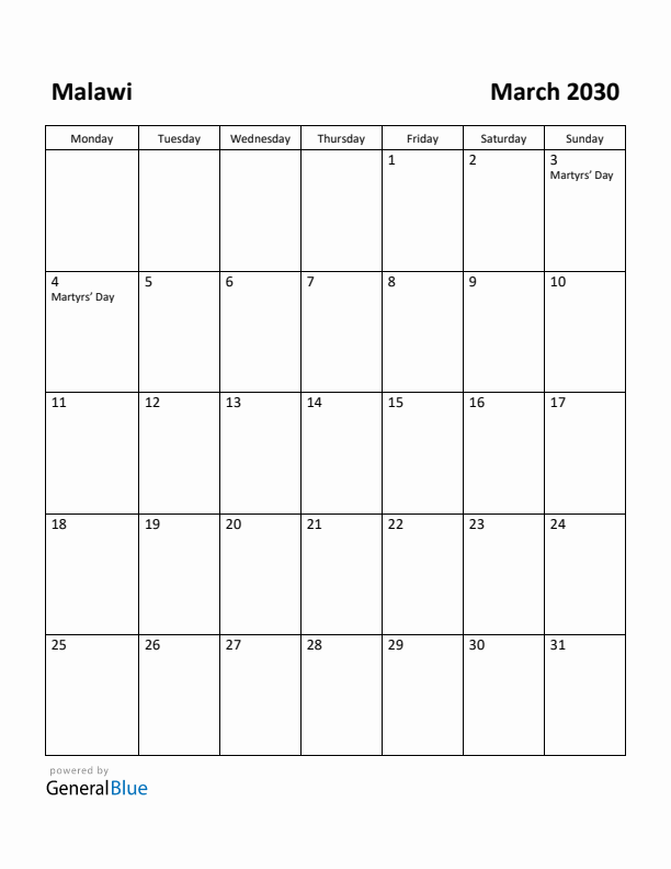 March 2030 Calendar with Malawi Holidays