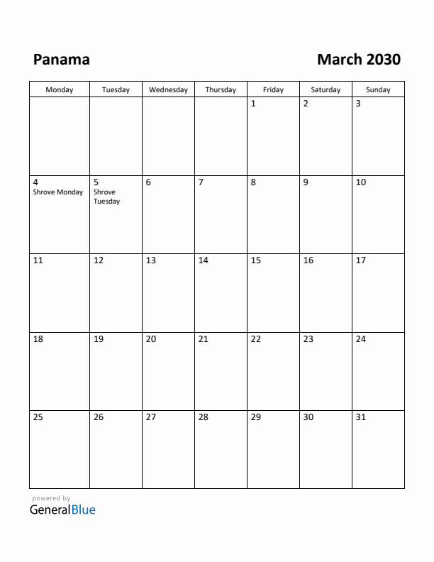 March 2030 Calendar with Panama Holidays