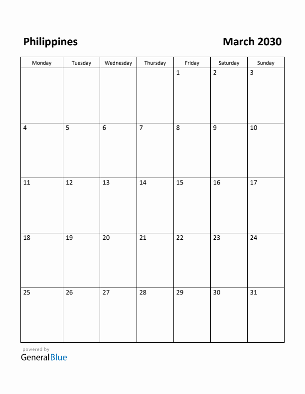 March 2030 Calendar with Philippines Holidays