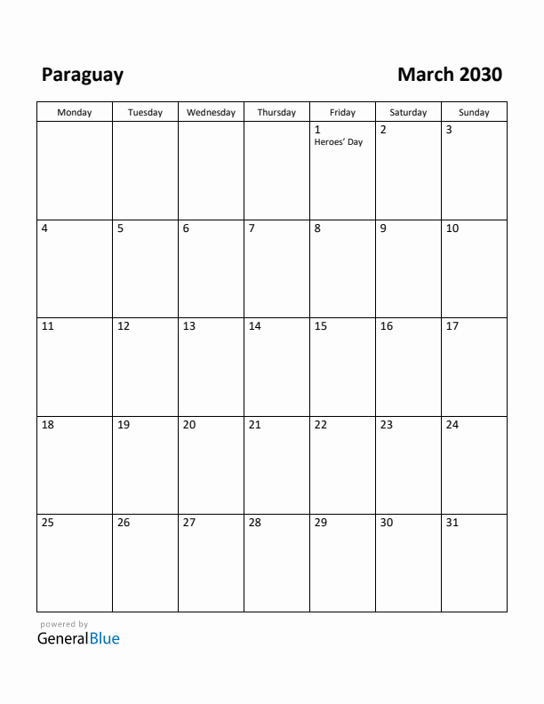 March 2030 Calendar with Paraguay Holidays