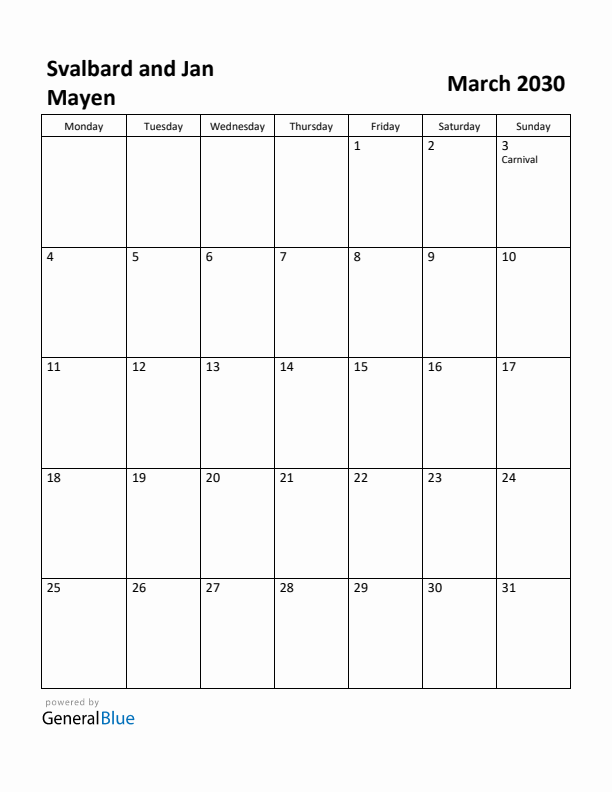 March 2030 Calendar with Svalbard and Jan Mayen Holidays