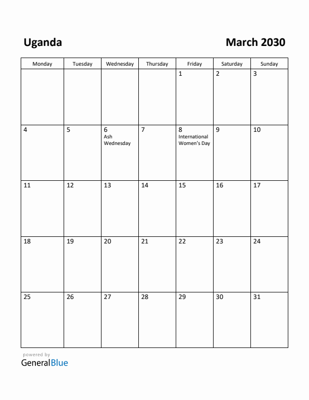 March 2030 Calendar with Uganda Holidays