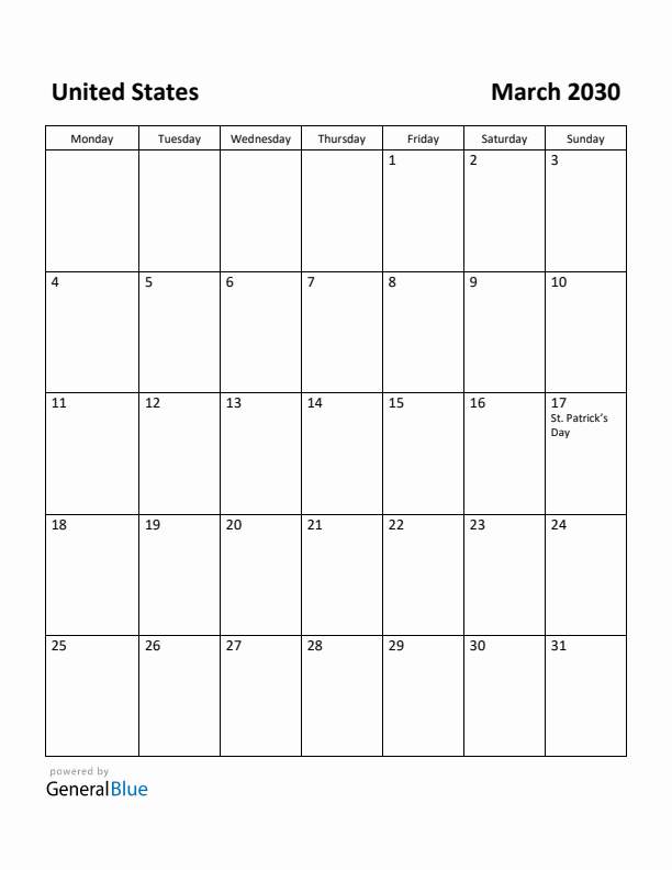 March 2030 Calendar with United States Holidays