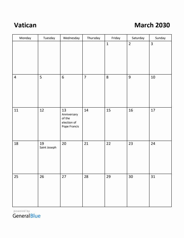 March 2030 Calendar with Vatican Holidays