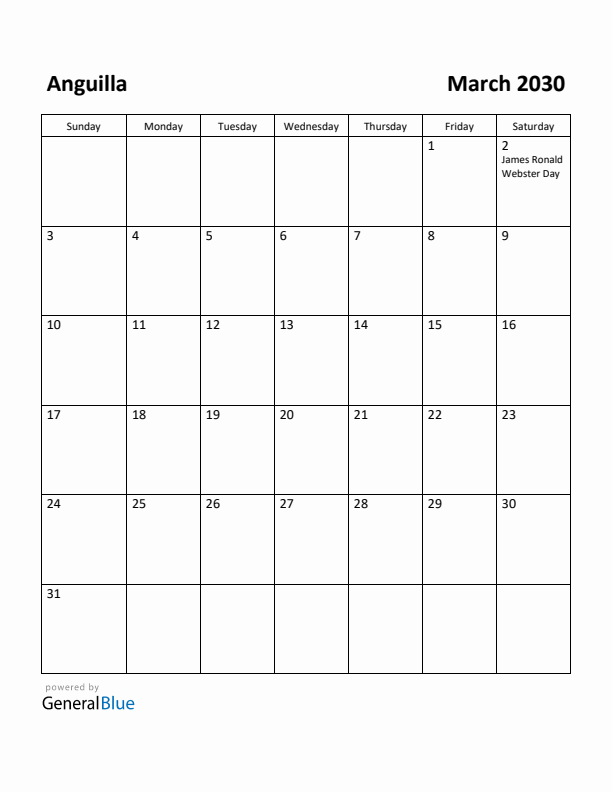 March 2030 Calendar with Anguilla Holidays