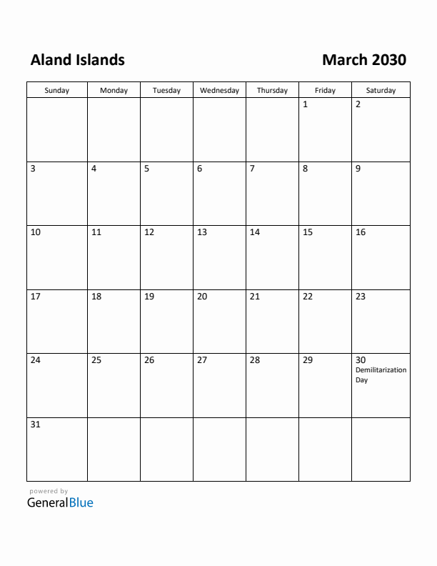 March 2030 Calendar with Aland Islands Holidays