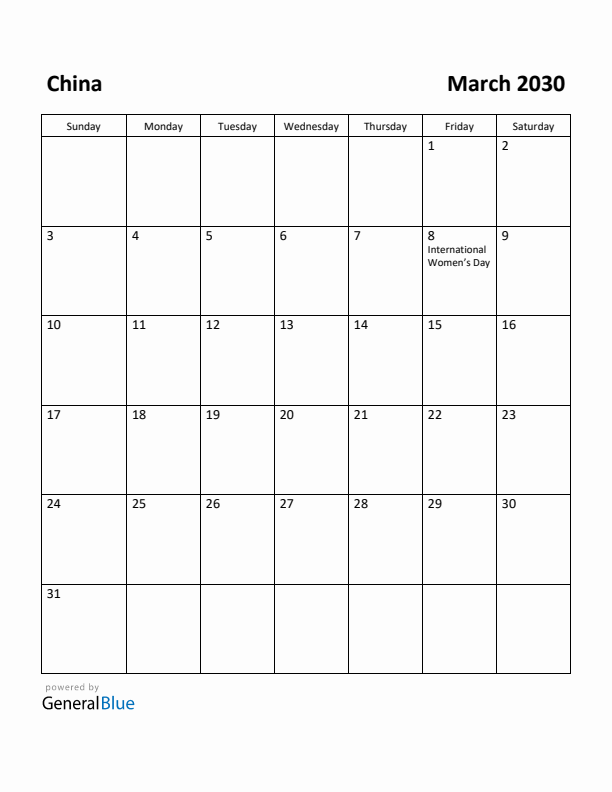 March 2030 Calendar with China Holidays