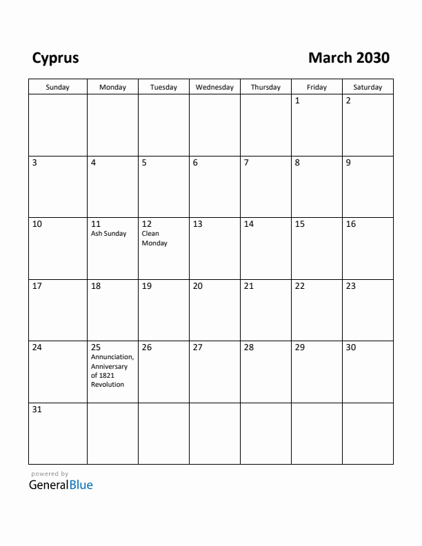 March 2030 Calendar with Cyprus Holidays