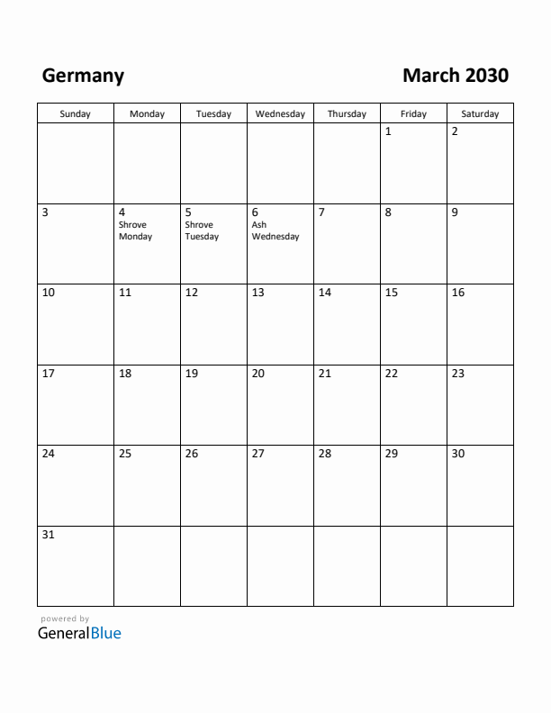 March 2030 Calendar with Germany Holidays