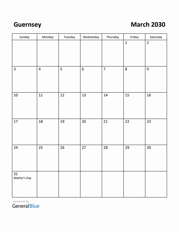 March 2030 Calendar with Guernsey Holidays