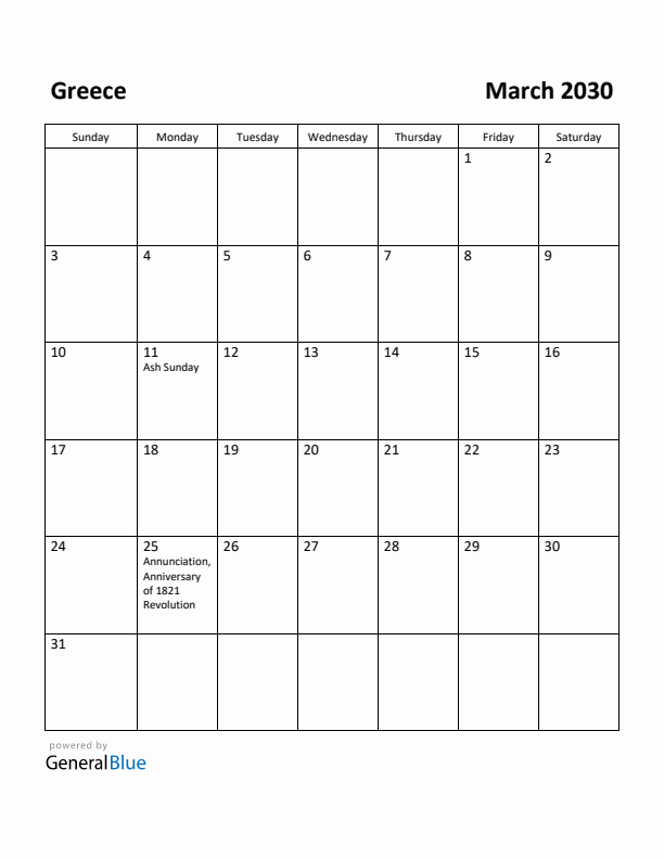 March 2030 Calendar with Greece Holidays