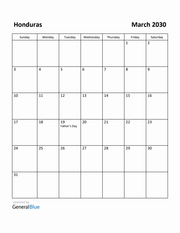 March 2030 Calendar with Honduras Holidays