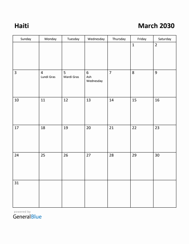 March 2030 Calendar with Haiti Holidays