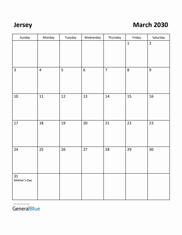 March 2030 Calendar with Jersey Holidays