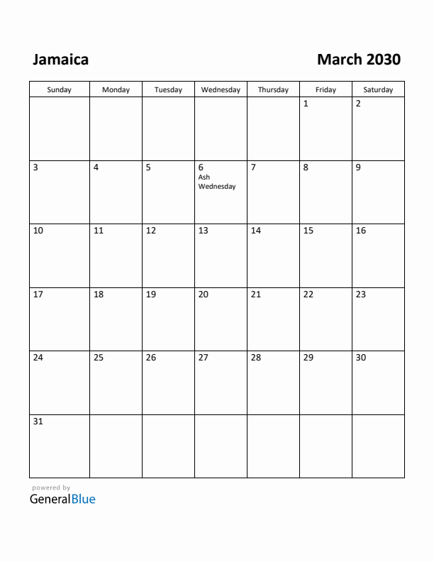 March 2030 Calendar with Jamaica Holidays