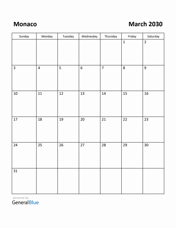 March 2030 Calendar with Monaco Holidays