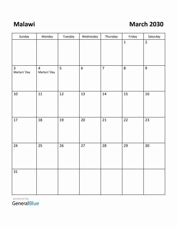 March 2030 Calendar with Malawi Holidays