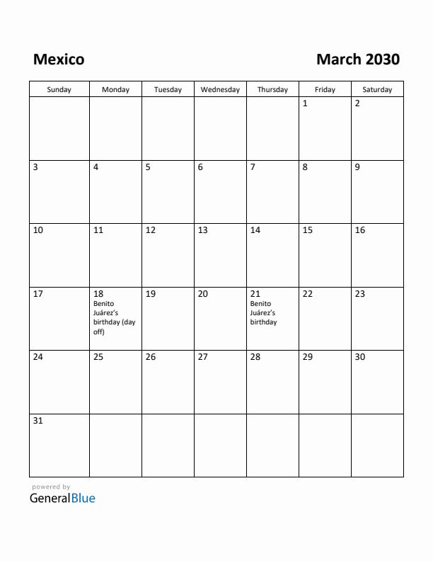 March 2030 Calendar with Mexico Holidays