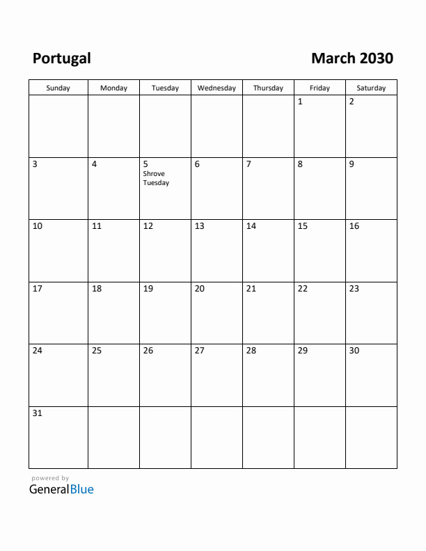 March 2030 Calendar with Portugal Holidays