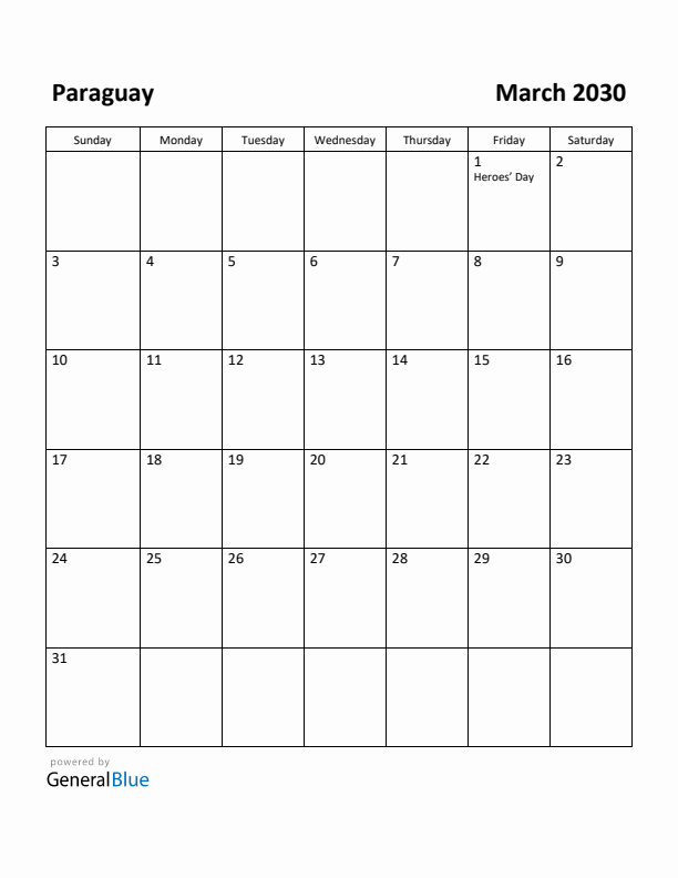 March 2030 Calendar with Paraguay Holidays