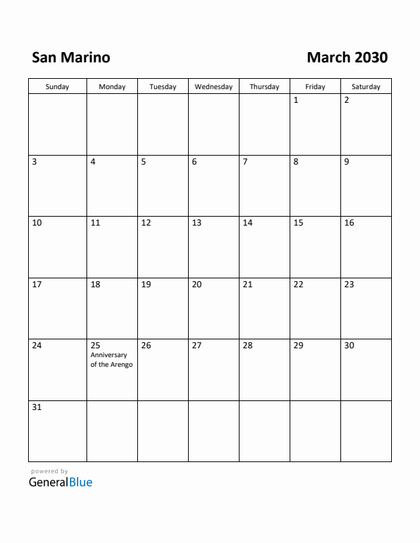 March 2030 Calendar with San Marino Holidays