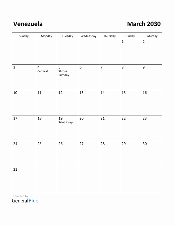 March 2030 Calendar with Venezuela Holidays