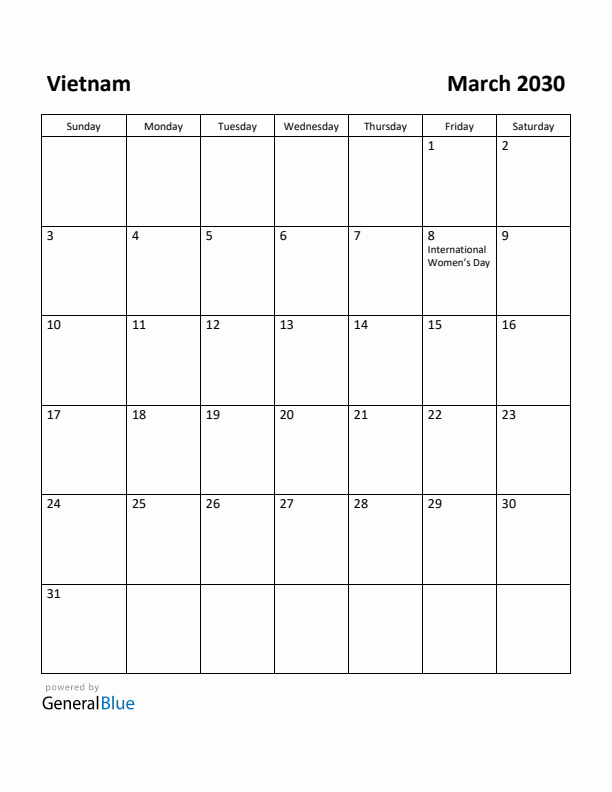 March 2030 Calendar with Vietnam Holidays