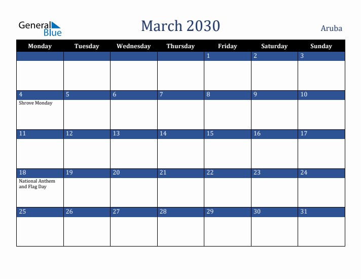 March 2030 Aruba Calendar (Monday Start)