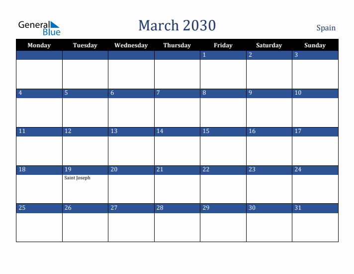 March 2030 Spain Calendar (Monday Start)