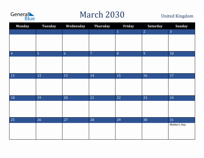 March 2030 United Kingdom Calendar (Monday Start)