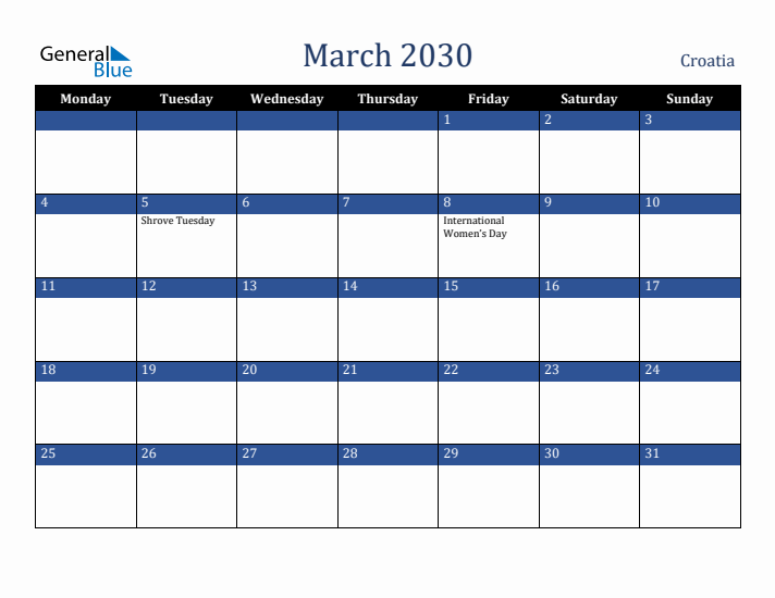 March 2030 Croatia Calendar (Monday Start)