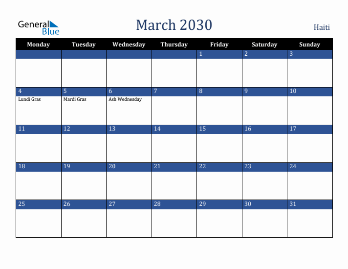 March 2030 Haiti Calendar (Monday Start)