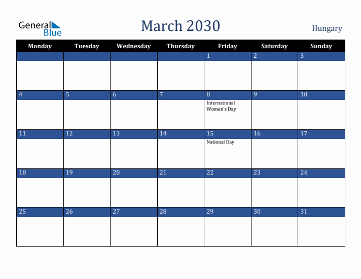 March 2030 Hungary Calendar (Monday Start)