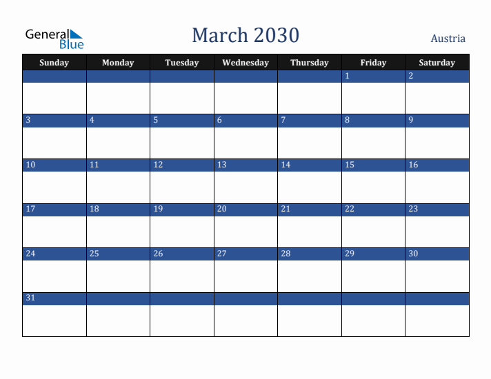 March 2030 Austria Calendar (Sunday Start)