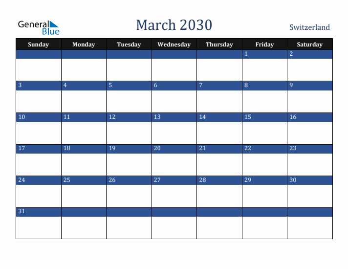 March 2030 Switzerland Calendar (Sunday Start)