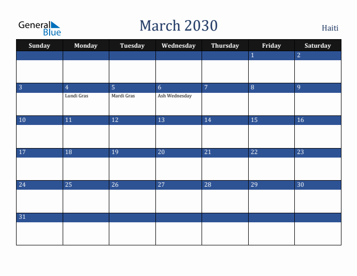 March 2030 Haiti Calendar (Sunday Start)