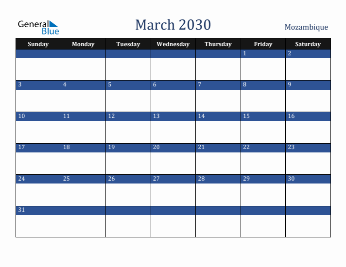 March 2030 Mozambique Calendar (Sunday Start)