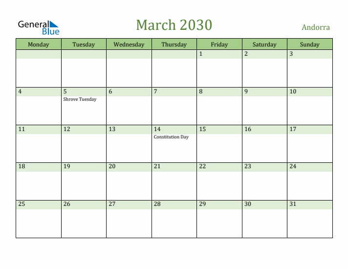 March 2030 Calendar with Andorra Holidays