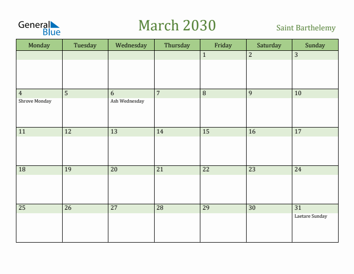 March 2030 Calendar with Saint Barthelemy Holidays